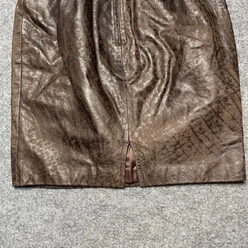 Glen Wood Womens Straight Skirt Brown Leather Knee Length Textured Slit Zipper 6 - Picture 5 of 10